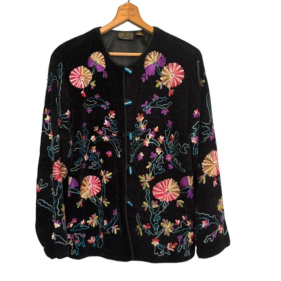 Julia Kim Heavily Embroidered Boho Floral Black Colorful Jacket Oversized Small - Picture 1 of 11